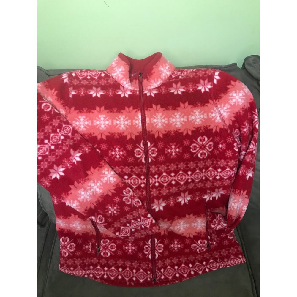 Talbots‎ Fleece Jacket Red Fair Isle Snowflake Full Zip Mock Neck LP